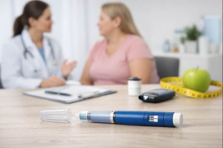 Apotheek Lairesse Ziekenhuisfarmacie levert GLP-1-analogen aan afslankkliniek: arts met patient aan tafel.